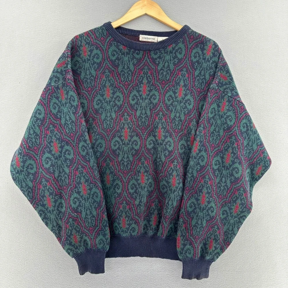 VTG Claiborne Knit Cosby Sweater Geometric Pattern Navy Green Pullover SZ XL USA